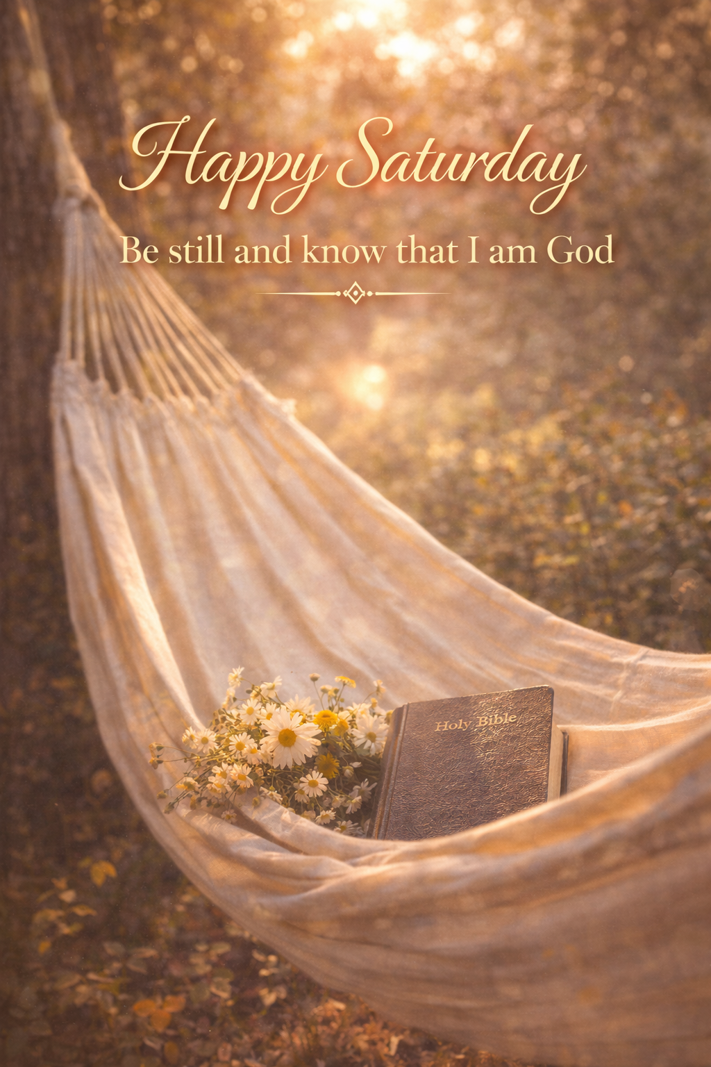 Hammock between trees with a Bible, wildflowers, golden afternoon light, "Happy Saturday — Be still and know that I am God" in warm gold — restful WhatsApp blessing